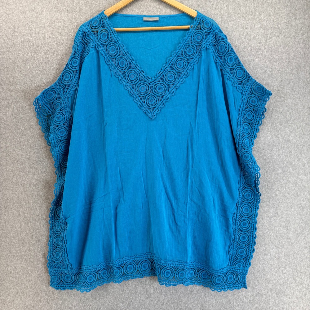 La Blanca One Size Crochet Trim Cover Up V-Neck Top Swim‎ Beach Pool Resort Blue